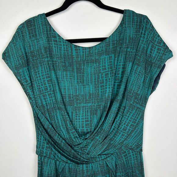 MAX MARA Teal Jersey Draped Gathered Waist Faux Wrap Dress Black Geo Print US 6 - Picture 2 of 13